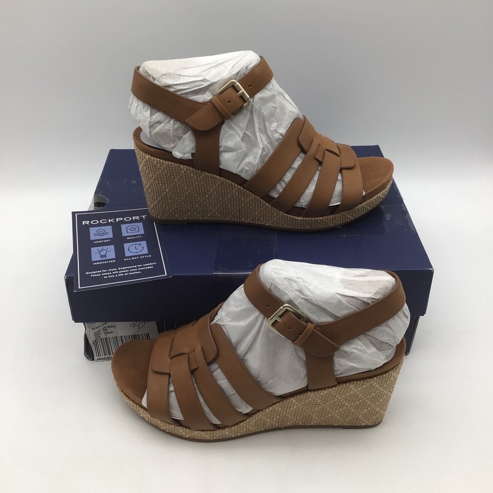 Rockport Bessa Women Size 7 M Leather Strappy Wedge Sandals TruTech Brown NEW